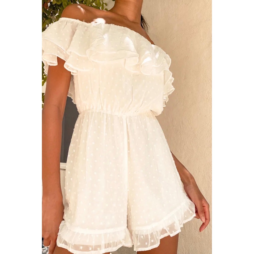 Lulus Frilled to Bits White Swiss Dot Off-the-Shoulder Romper Medium NWT - Picture 5 of 11